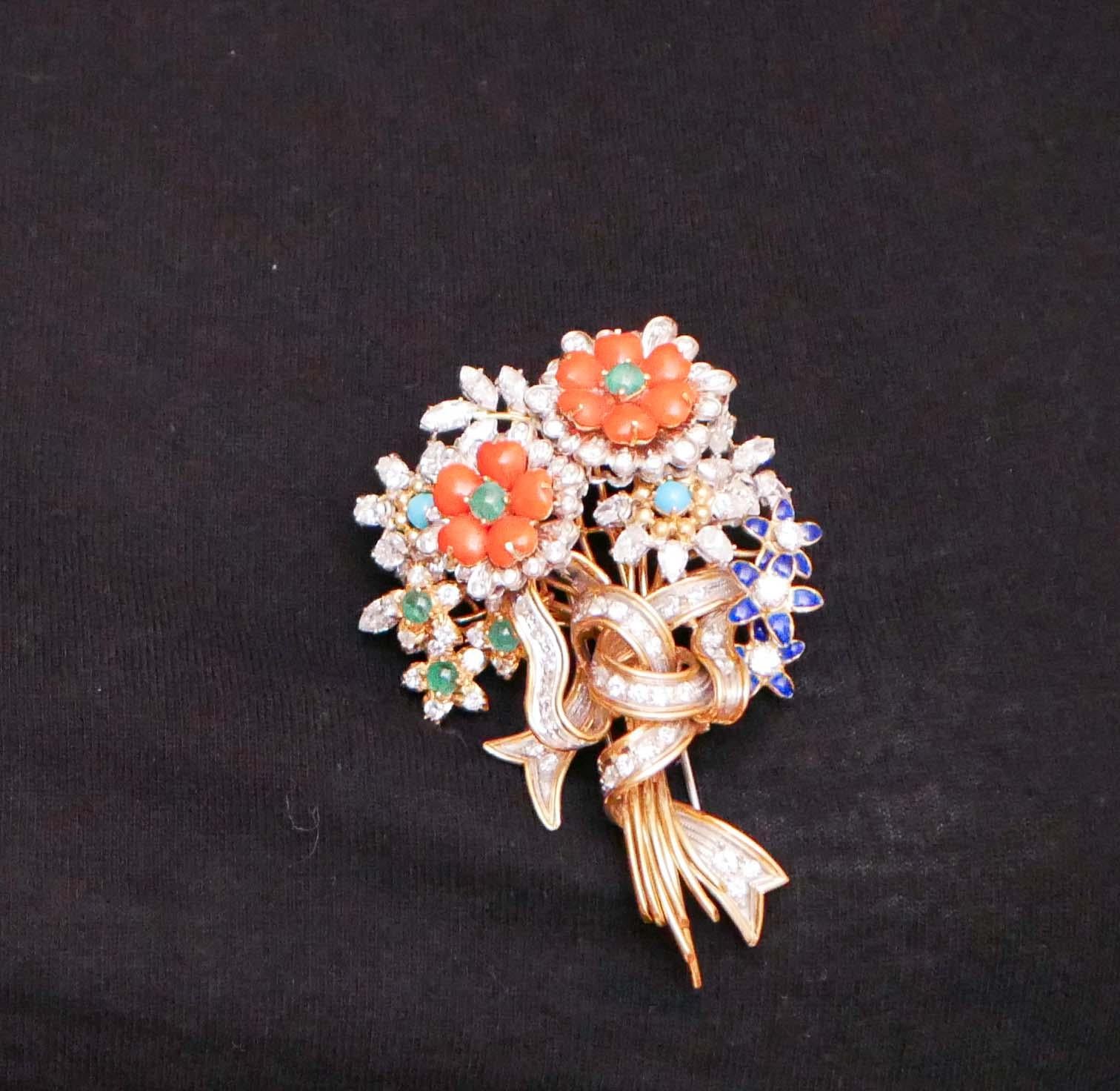 Mixed Cut Coral, Emeralds, Diamonds, Turquoise, Enamel, 18Kt  Gold and Platinum Brooch. For Sale