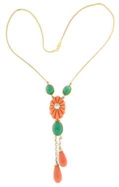 Coral Emeralds Diamonds Yellow Gold 18 Karat Pendant Necklace
