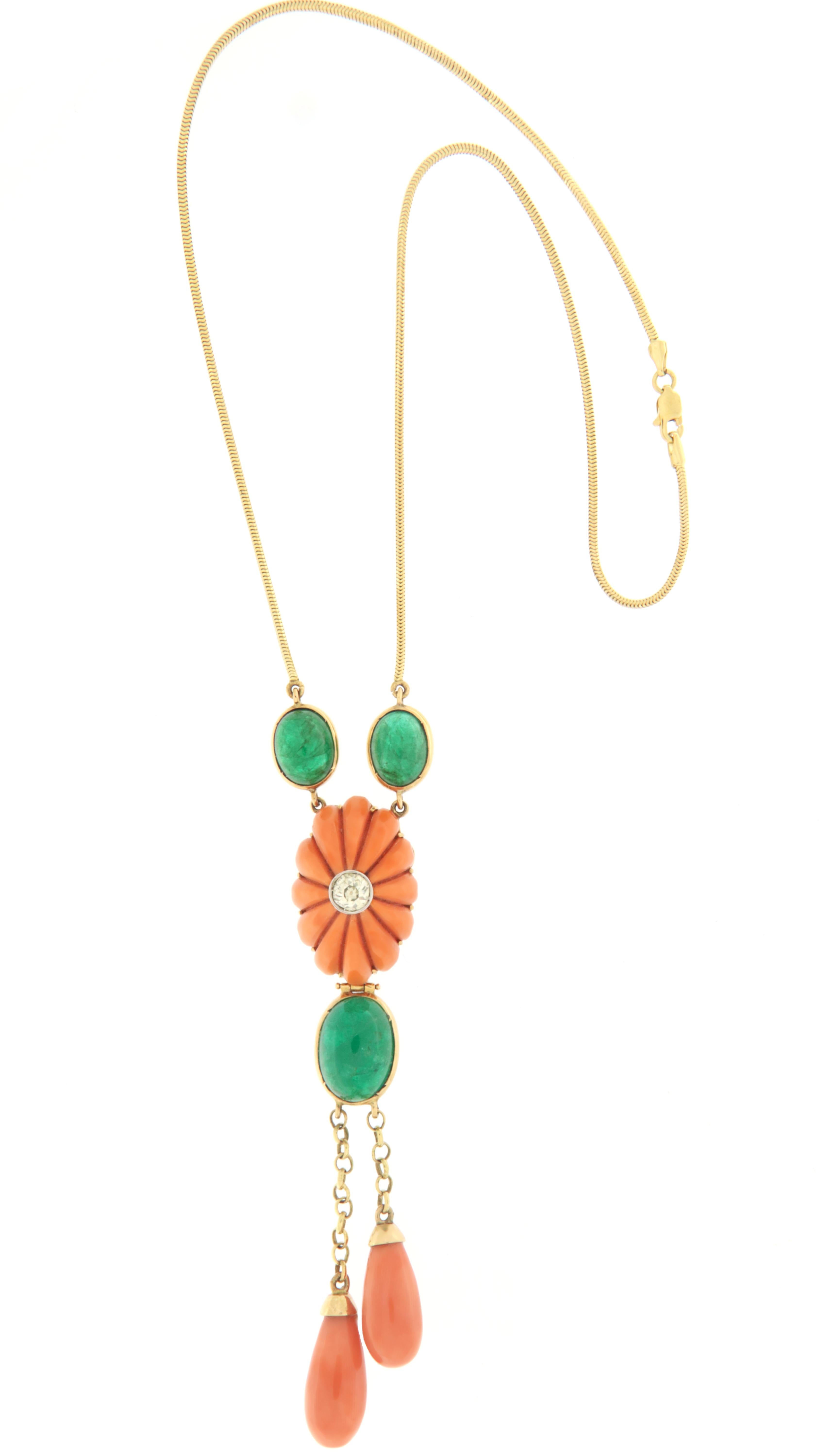 Brilliant Cut Coral Emeralds Diamonds Yellow Gold 18 Karat Pendant Necklace For Sale