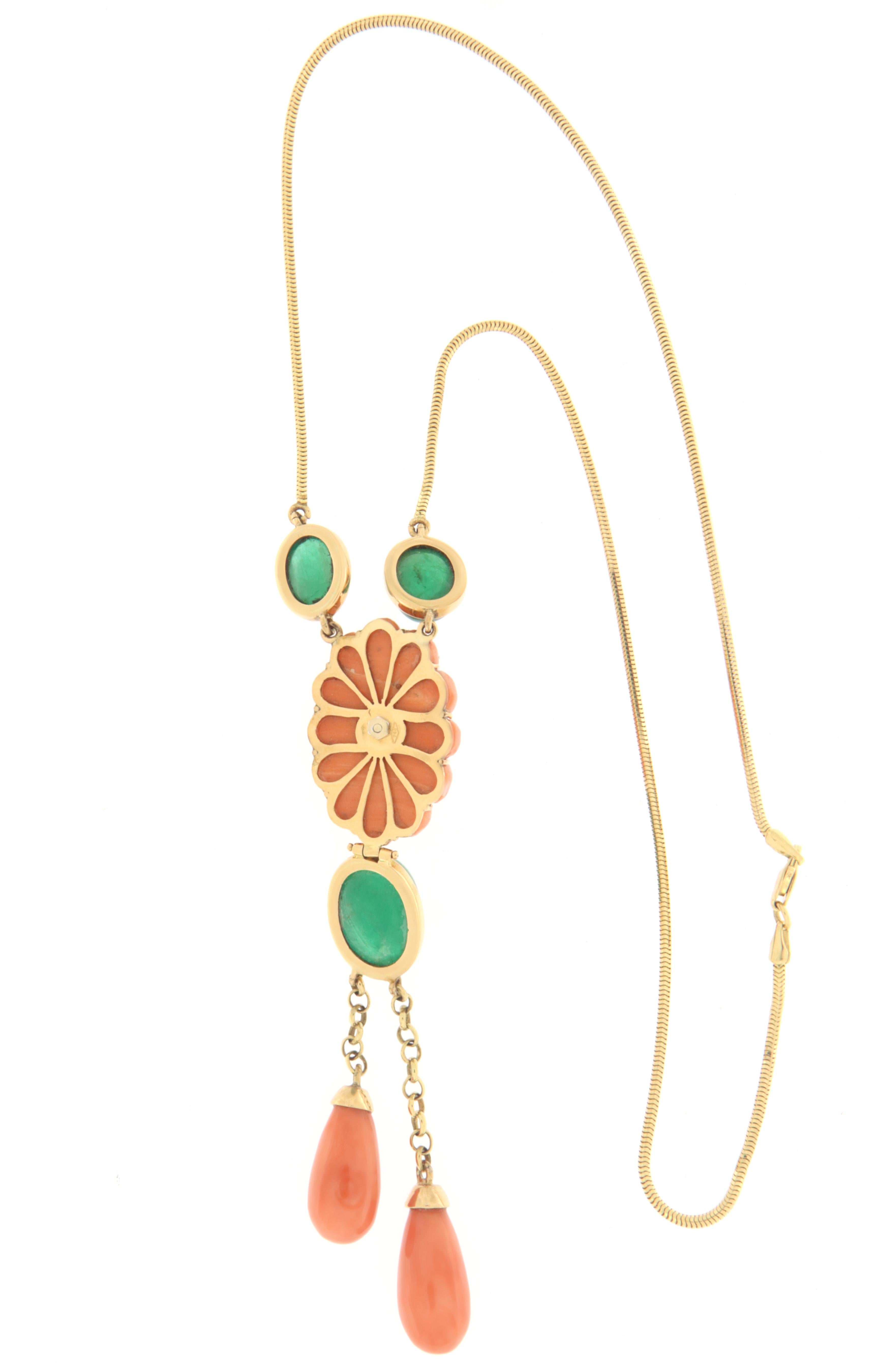 Women's Coral Emeralds Diamonds Yellow Gold 18 Karat Pendant Necklace For Sale