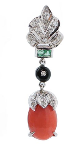 Coral, Emeralds, Onyx, Diamonds, Platinum Dangle Earrings.