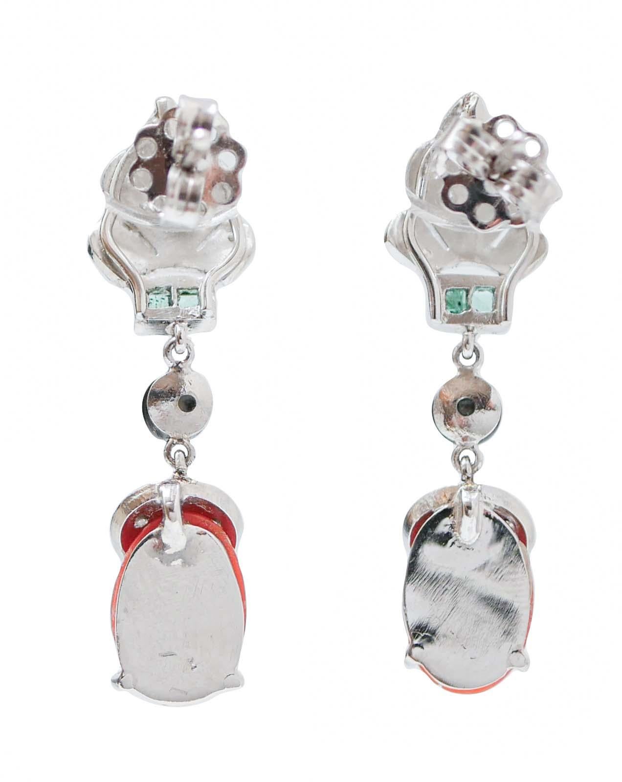 Retro Coral, Emeralds, Onyx, Diamonds, Platinum Dangle Earrings. For Sale
