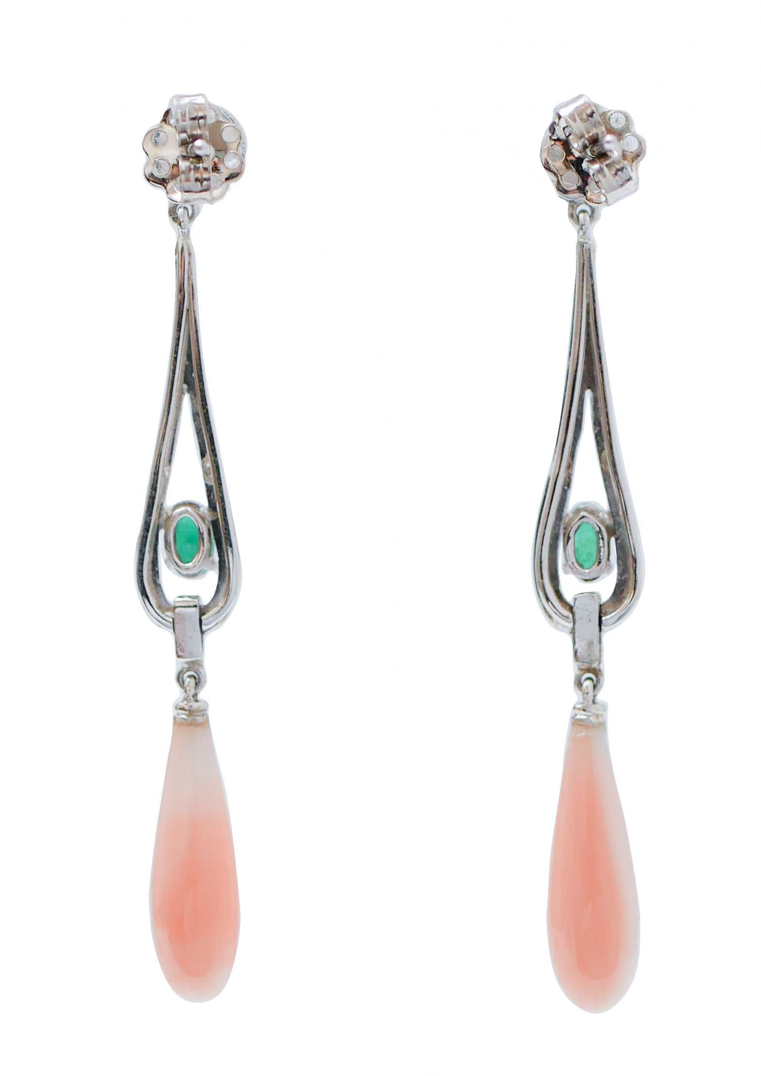 Retro Coral, Emeralds, Onyx, Diamonds, Platinum Dangle Earrings.