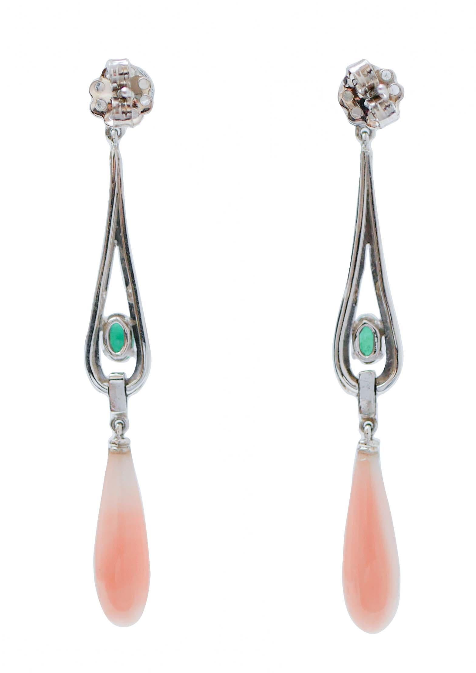 Retro Coral, Emeralds, Onyx, Diamonds, Platinum Dangle Earrings. For Sale