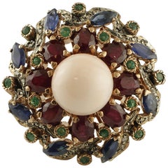 Coral, Emeralds, Rubies, Blue Sapphires, Diamonds 9 Karat Gold and Silver Ring