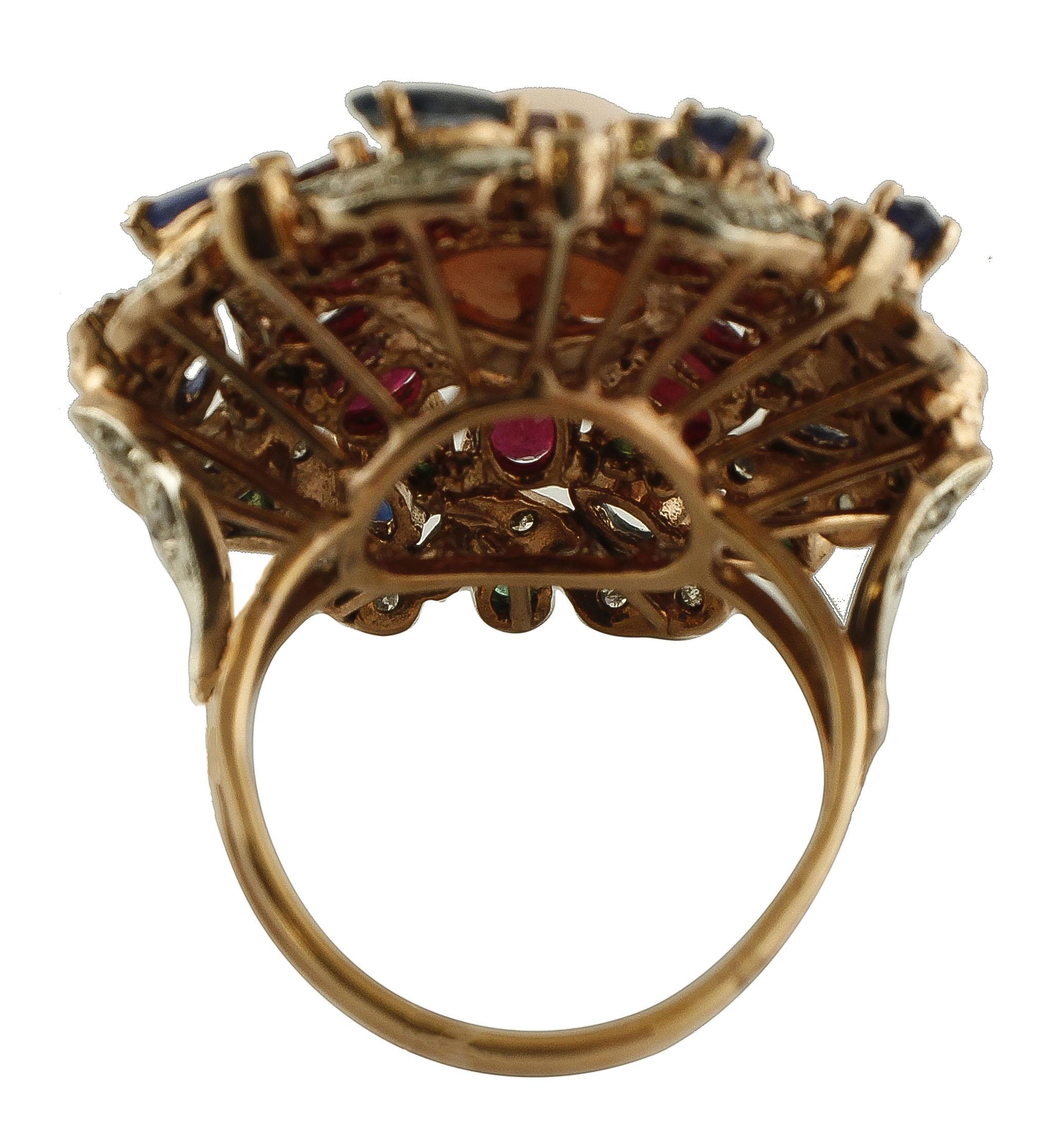 Retro Coral, Emeralds, Rubies, Blue Sapphires, Diamonds 9 Karat Gold and Silver Ring