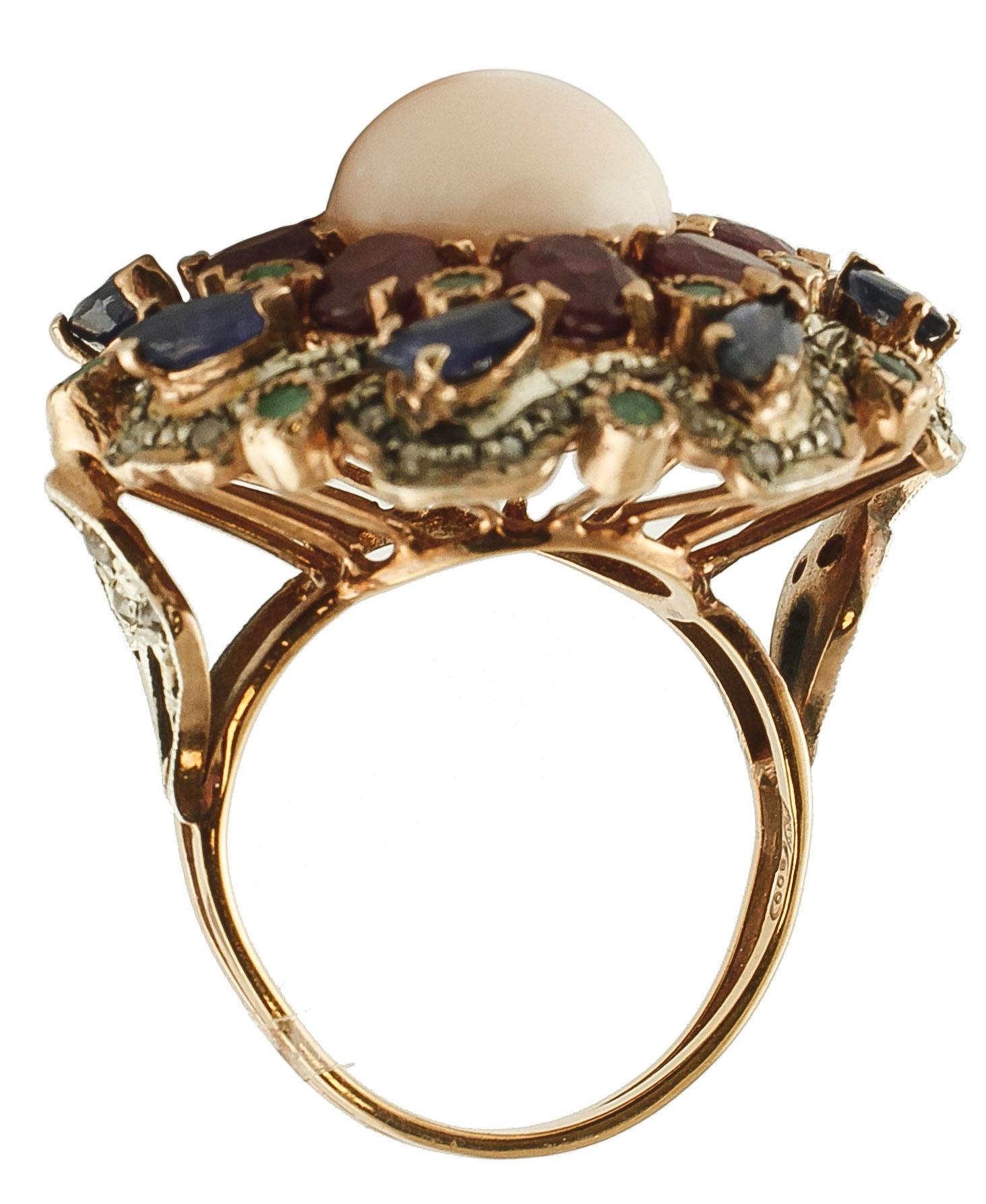Mixed Cut Coral, Emeralds, Rubies, Blue Sapphires, Diamonds 9 Karat Gold and Silver Ring