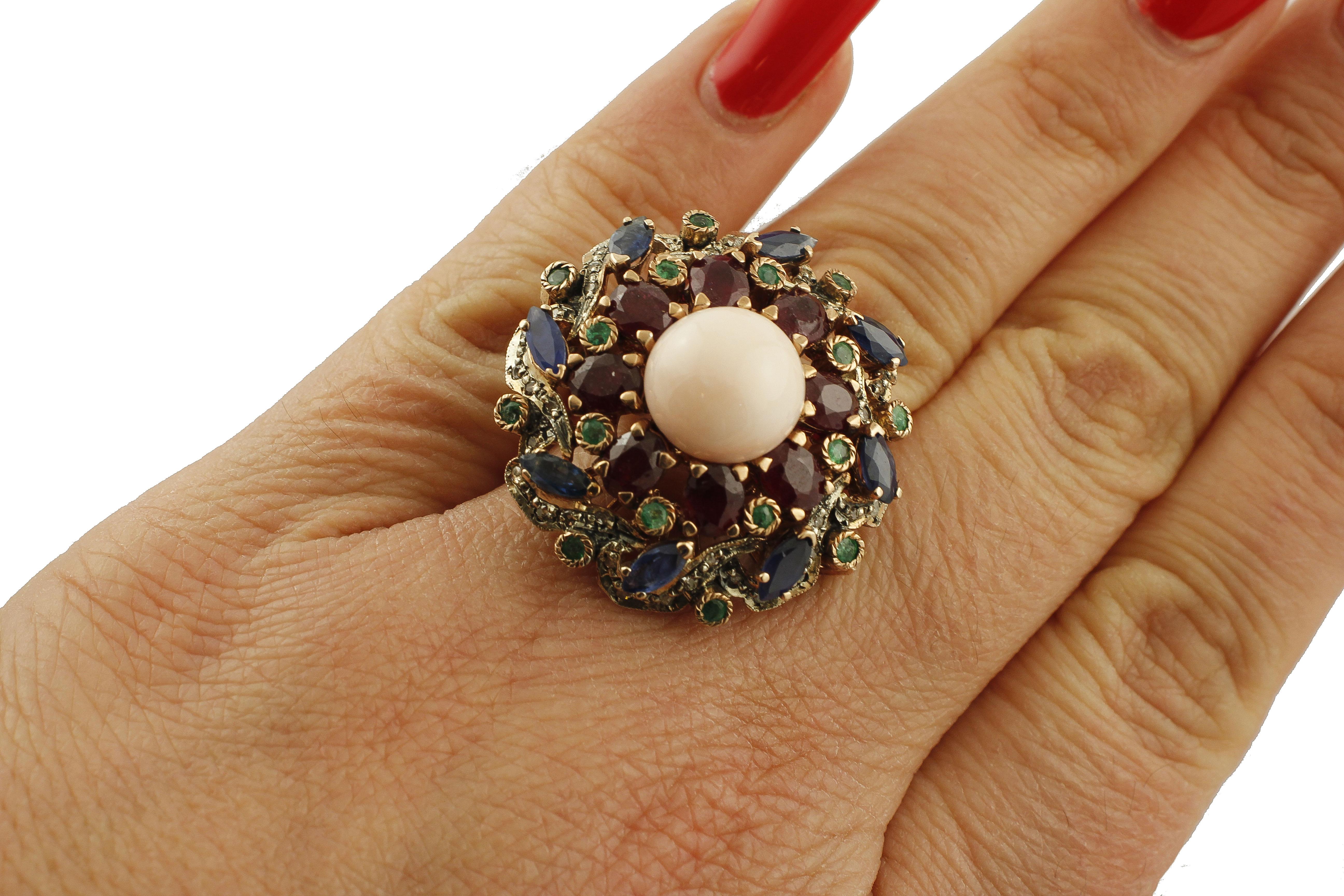 Women's Coral, Emeralds, Rubies, Blue Sapphires, Diamonds 9 Karat Gold and Silver Ring