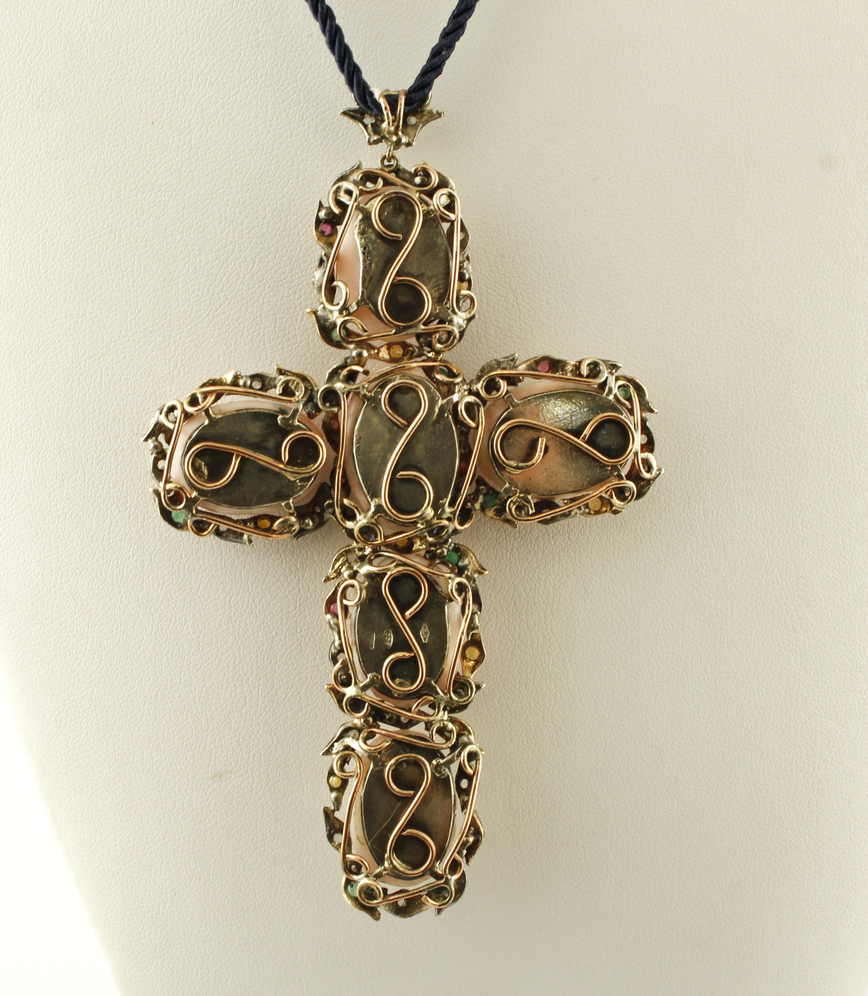 Women's Coral Emeralds Rubies Diamonds, 9 Karat Rose Gold and Silver Retro Cross-Pendant