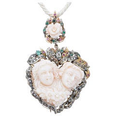 Coral, Emeralds, Rubies, Diamonds, Rose Gold and Silver Brooch/Pendant Necklace.