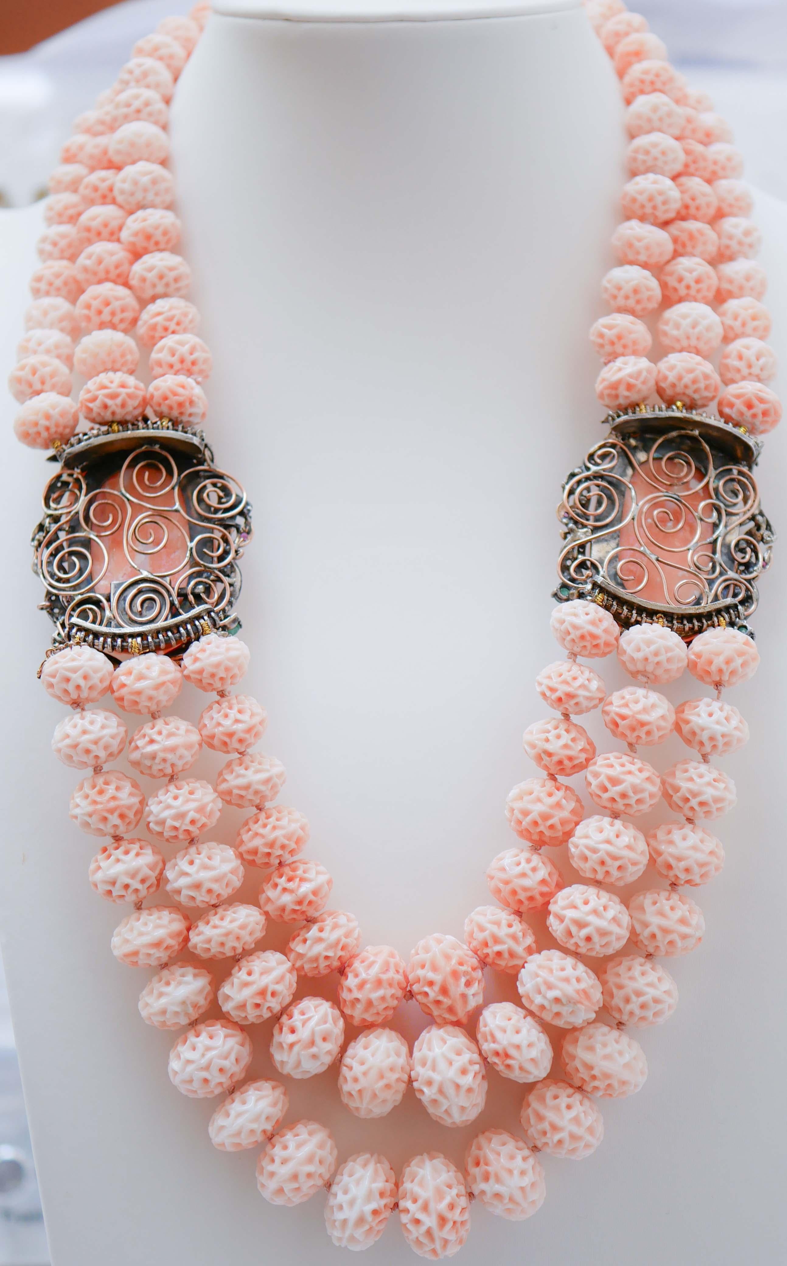 Mixed Cut Coral, Emeralds, Rubies, Diamonds, Rose Gold and Silver Necklace.