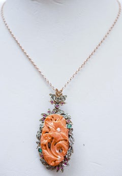 Coral, Emeralds, Rubies, Diamonds, Rose Gold and Silver Pendant/Brooch.