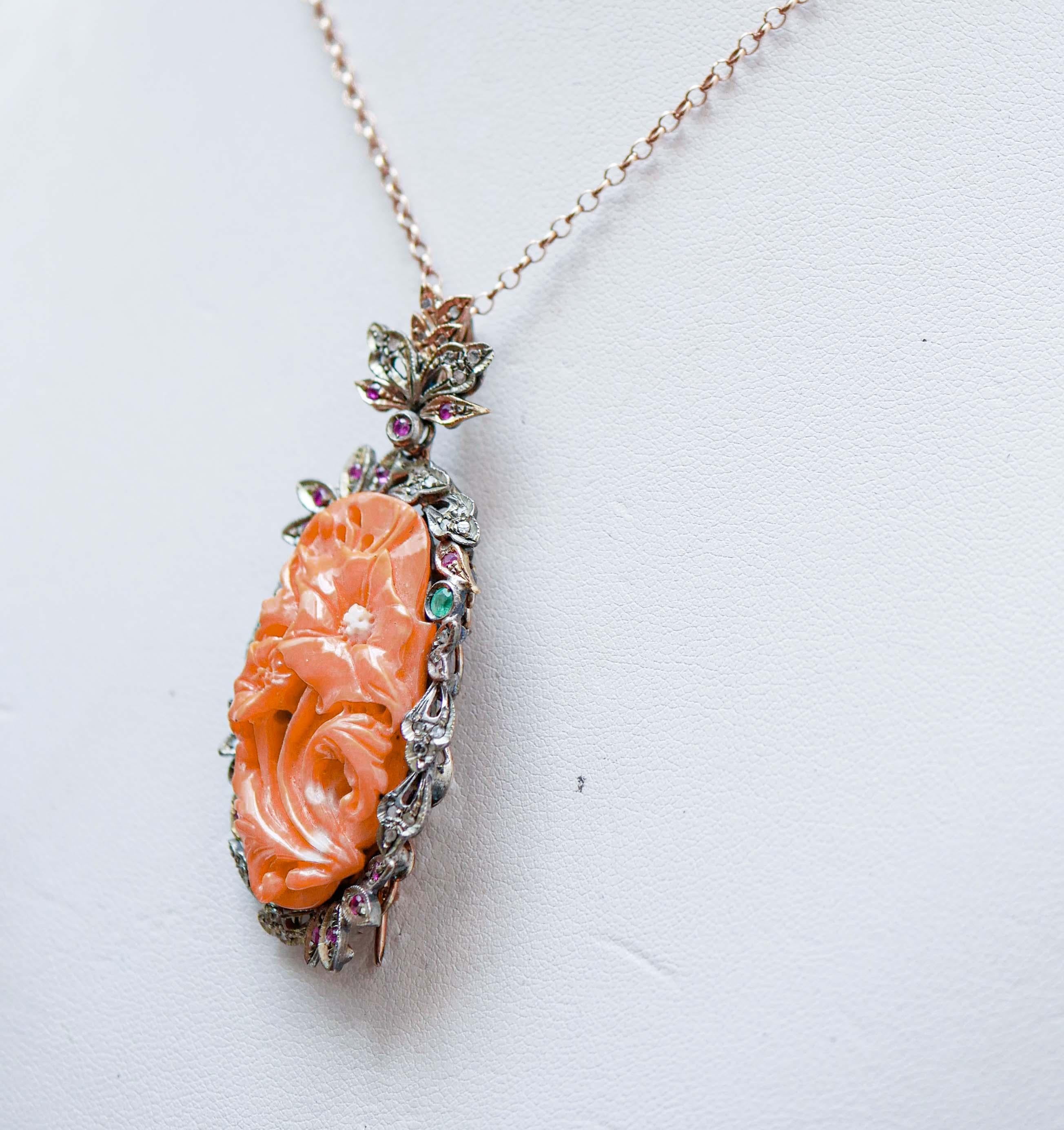 Retro Coral, Emeralds, Rubies, Diamonds, Rose Gold and Silver Pendant/Brooch. For Sale