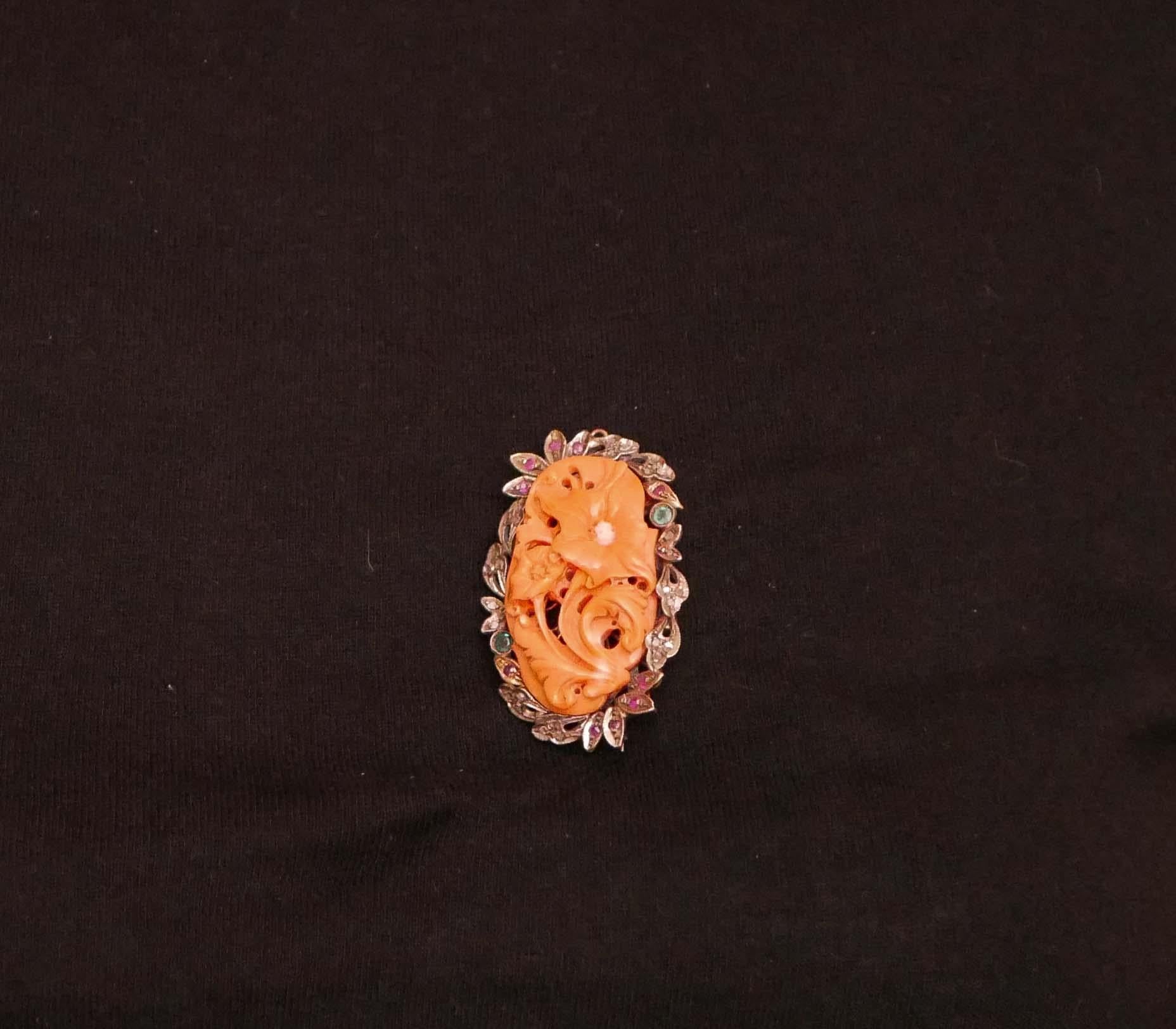 Coral, Emeralds, Rubies, Diamonds, Rose Gold and Silver Pendant/Brooch. For Sale 2