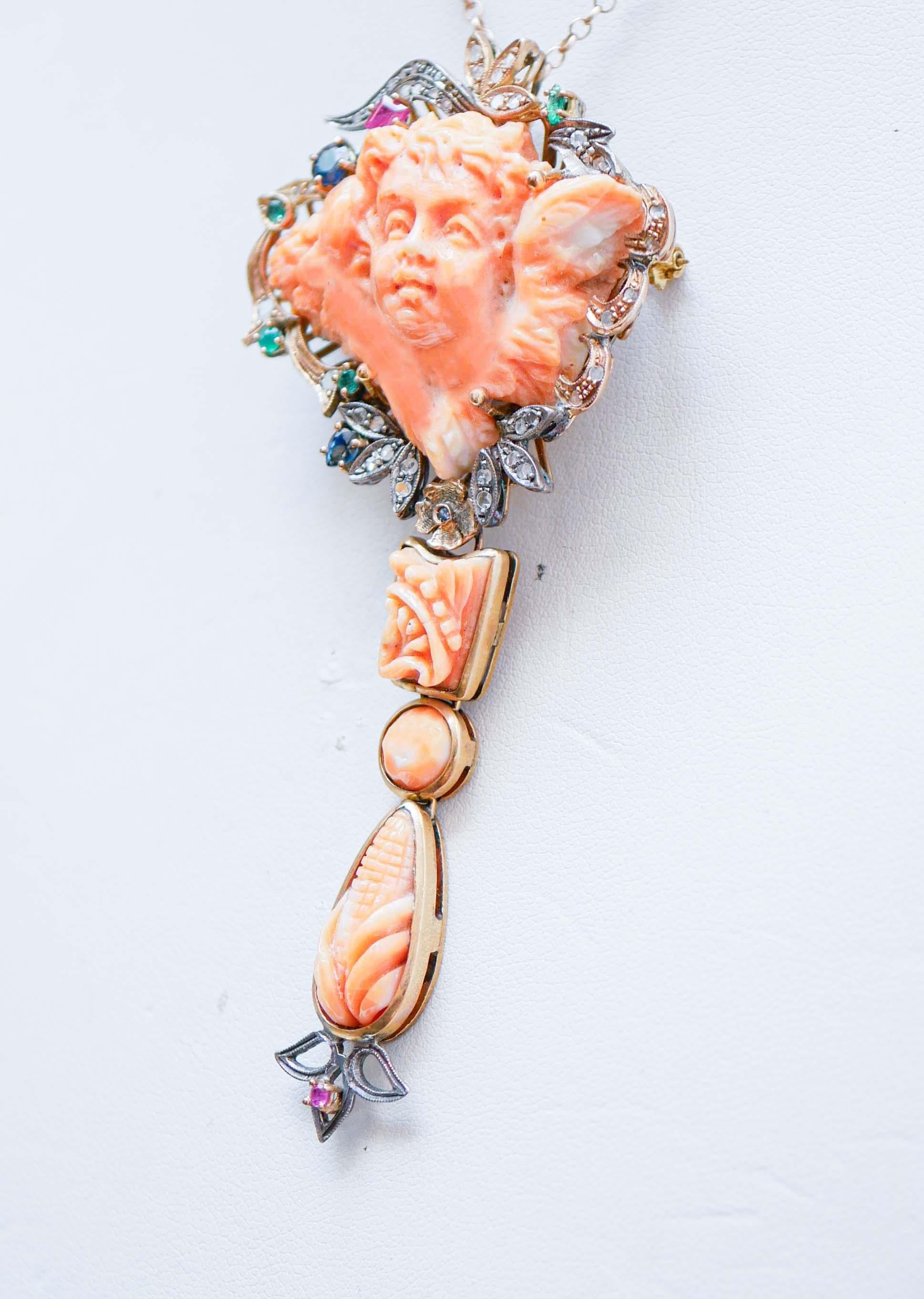 Retro Coral, Emeralds, Rubies, Sapphires, Diamonds, Gold and Silver Brooch/Pendant. For Sale