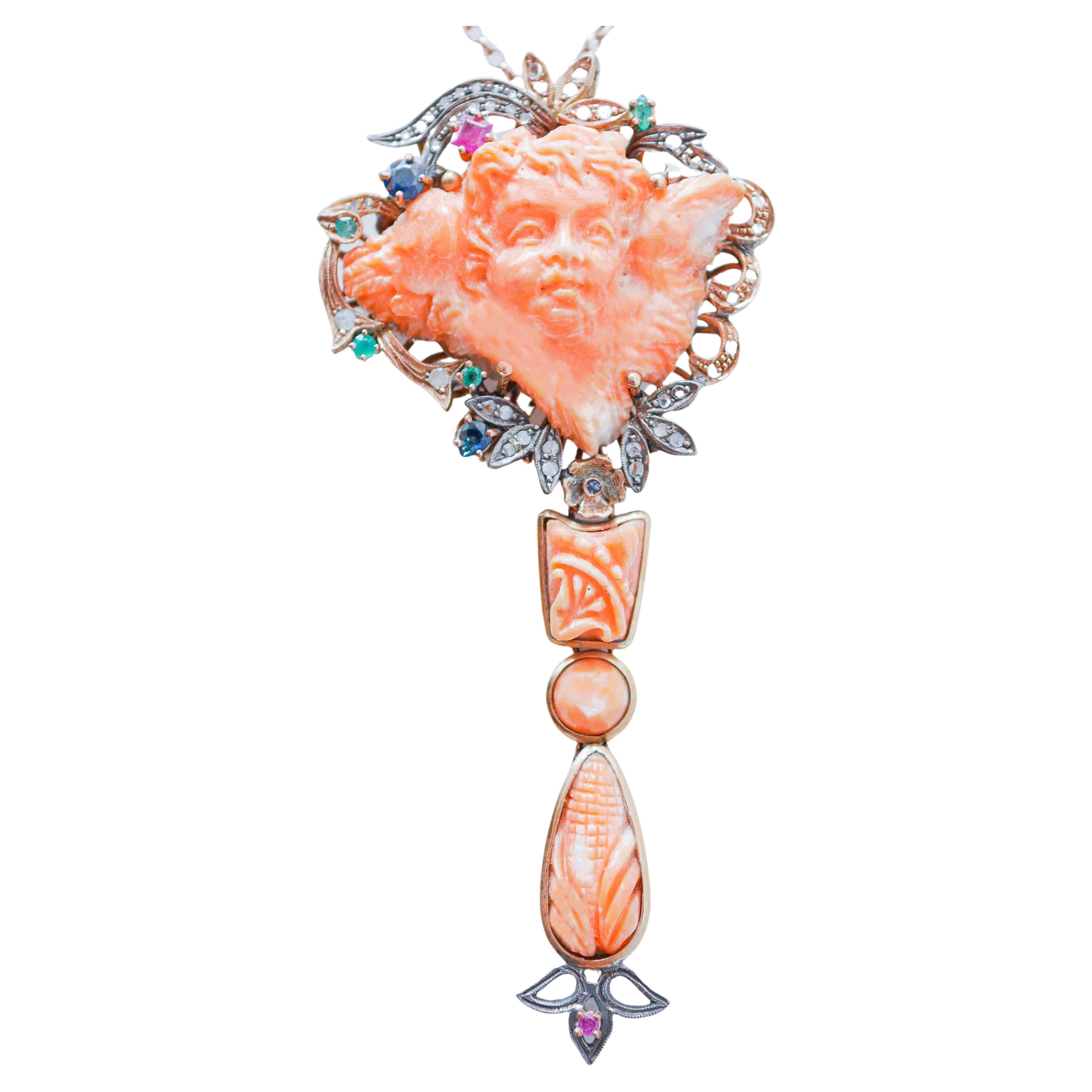 Broche/pendentif en corail, émeraudes, rubis, saphirs, diamants et or.