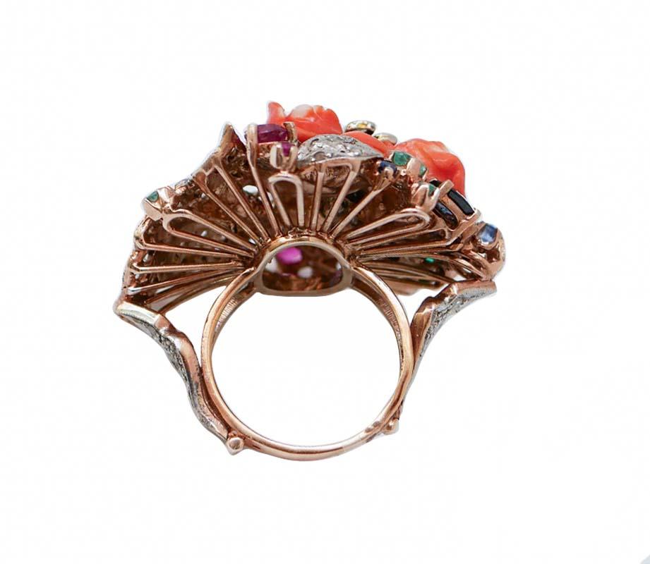 Retro Coral, Emeralds, Rubies, Sapphires, Diamonds, Pearl, Rose Gold And Silver Ring. For Sale
