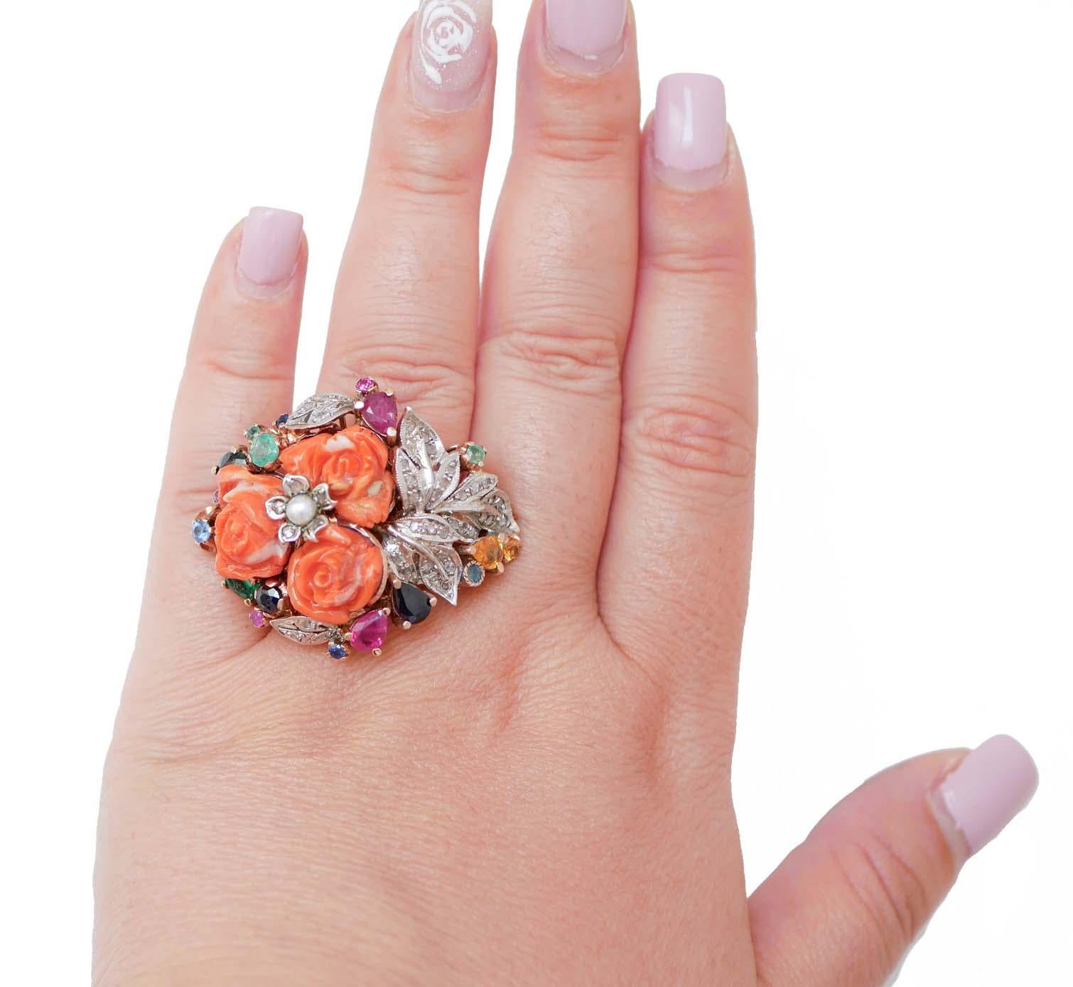Women's Coral, Emeralds, Rubies, Sapphires, Diamonds, Pearl, Rose Gold And Silver Ring. For Sale