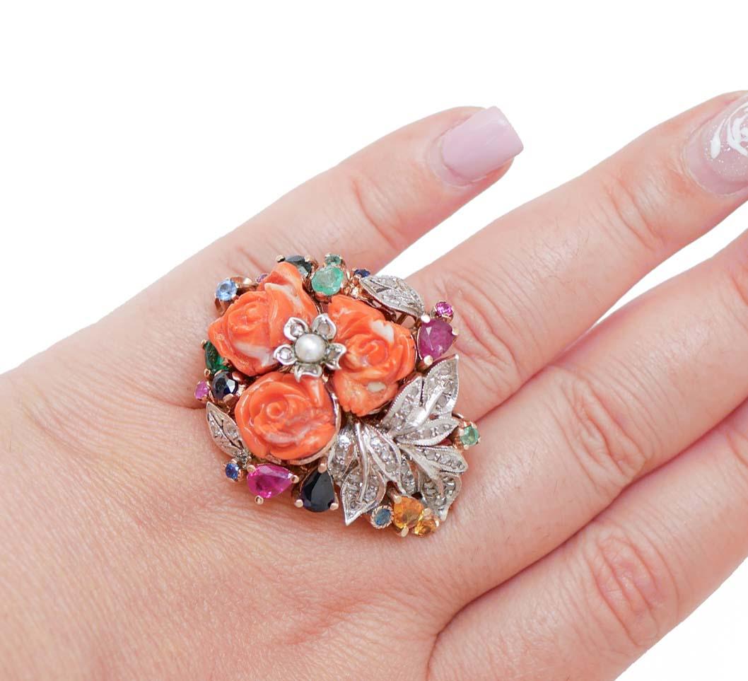 Coral, Emeralds, Rubies, Sapphires, Diamonds, Pearl, Rose Gold And Silver Ring. For Sale 1