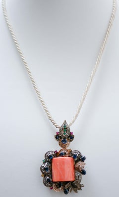 Coral, Emeralds, Rubies, Sapphires, Diamonds, Rose Gold and Silver Pendant.