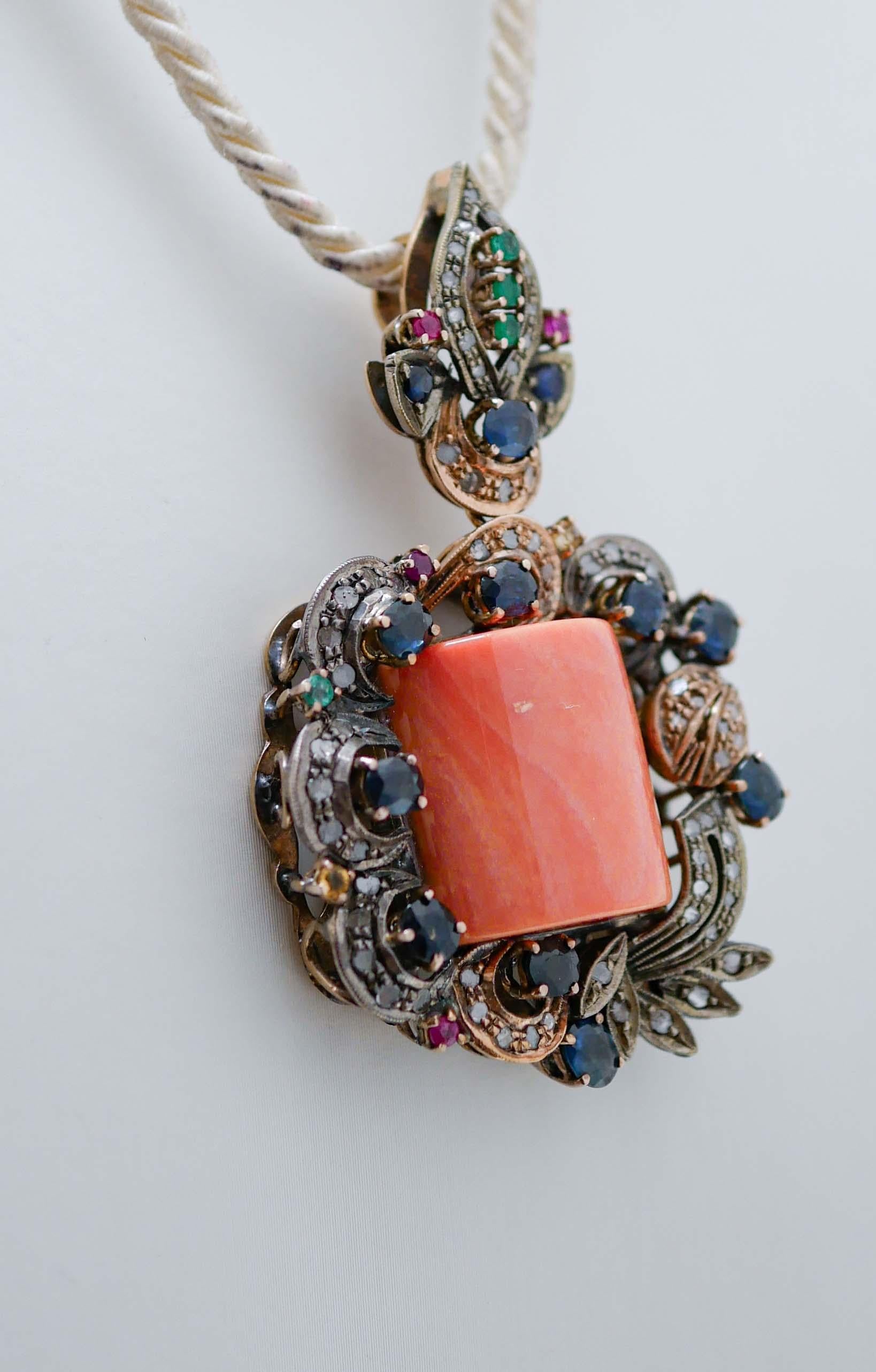 Retro Coral, Emeralds, Rubies, Sapphires, Diamonds, Rose Gold and Silver Pendant. For Sale