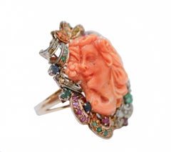Coral, Emeralds, Rubies, Sapphires, Diamonds, Rose Gold and Silver Ring.