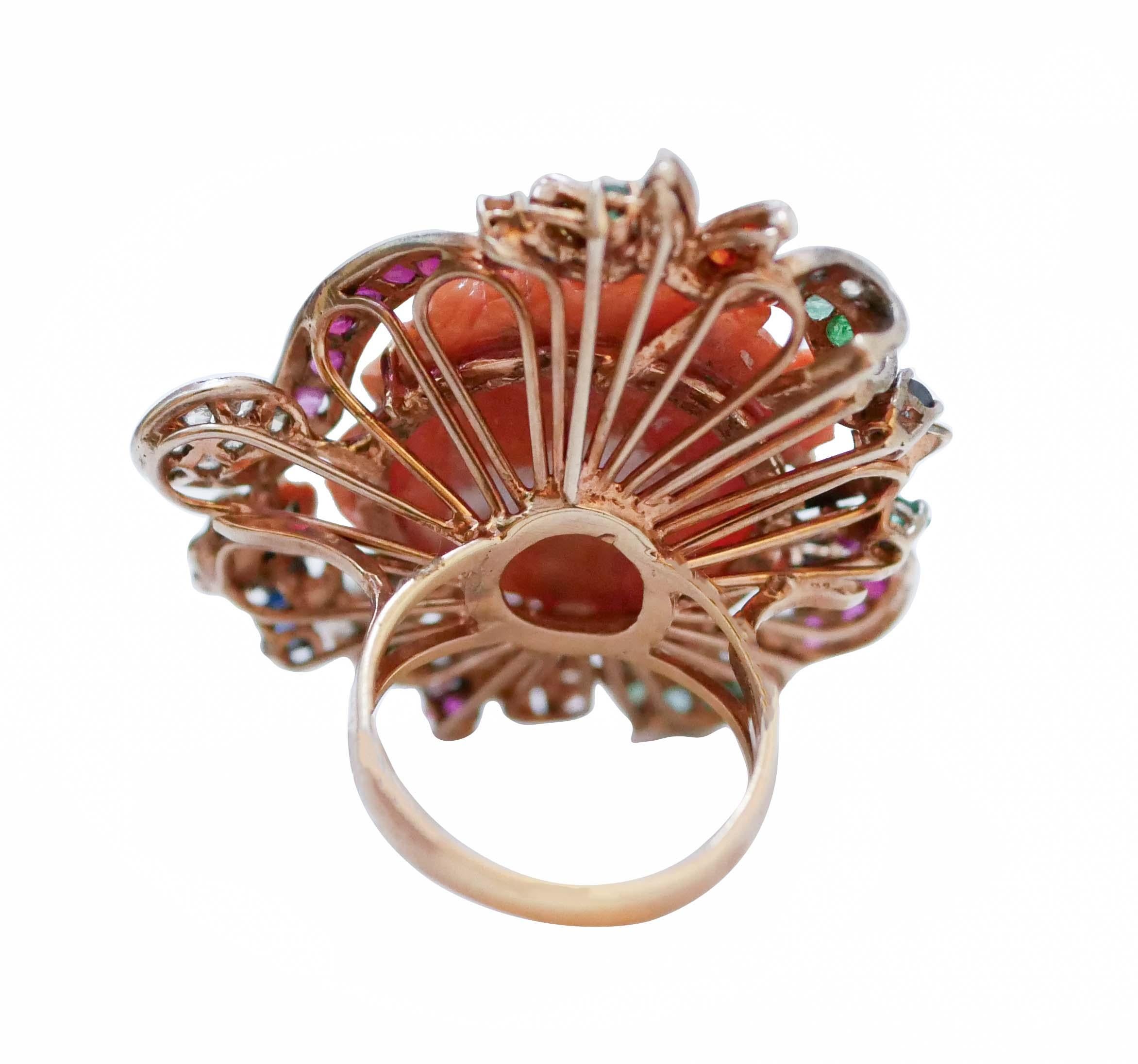 Retro Coral, Emeralds, Rubies, Sapphires, Diamonds, Rose Gold and Silver Ring. For Sale