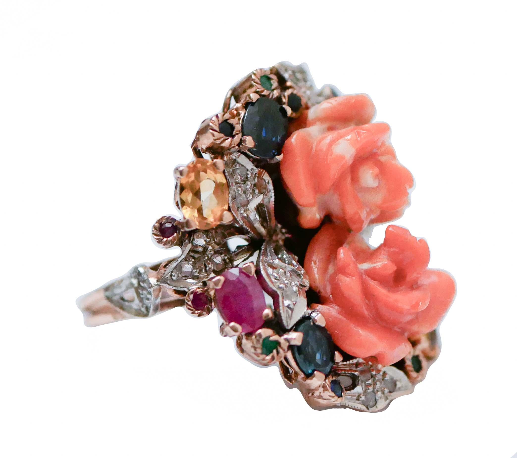 Retro Coral, Emeralds, Rubies, Sapphires, Diamonds, Rose Gold and Silver Ring. For Sale