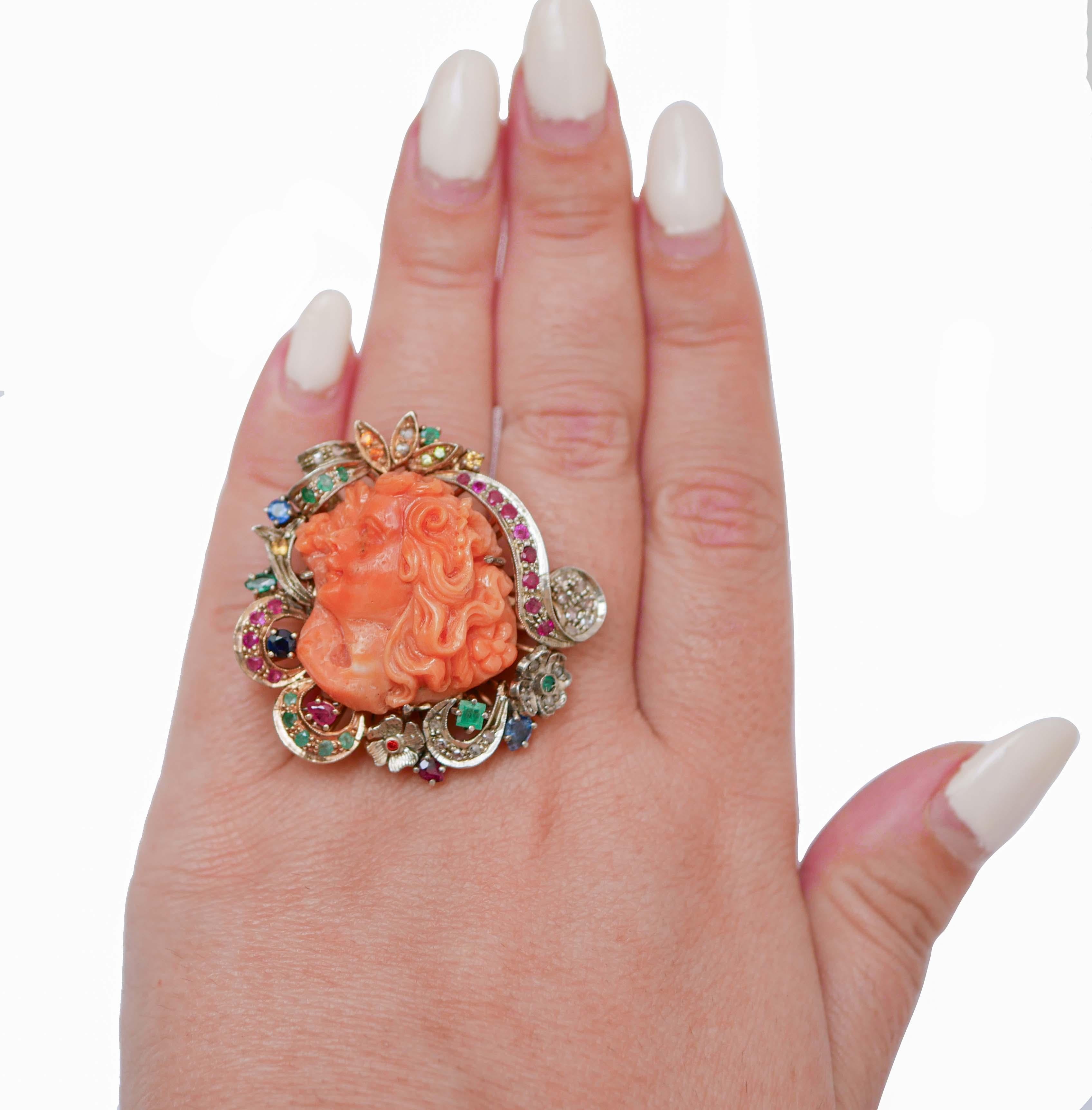 Mixed Cut Coral, Emeralds, Rubies, Sapphires, Diamonds, Rose Gold and Silver Ring. For Sale