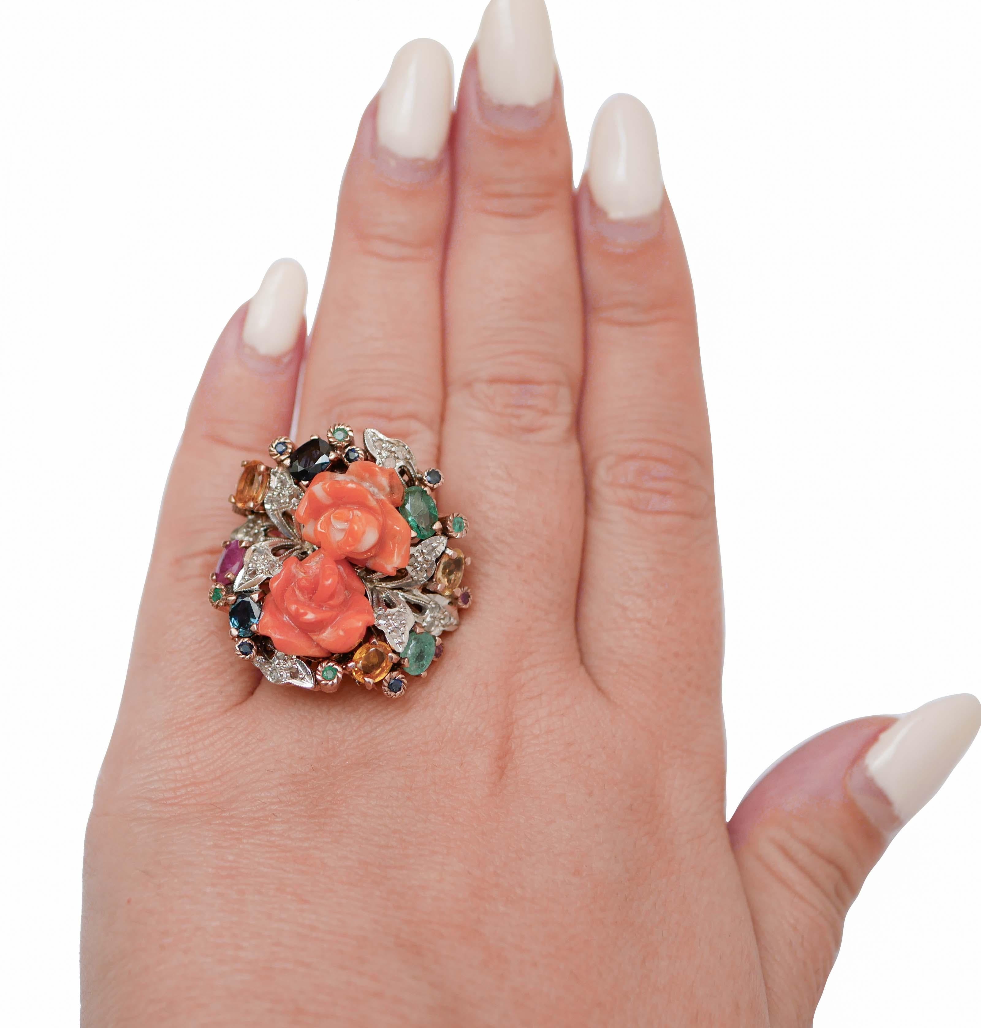 Mixed Cut Coral, Emeralds, Rubies, Sapphires, Diamonds, Rose Gold and Silver Ring. For Sale