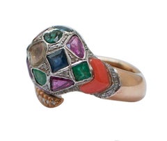 Coral, Emeralds, Sapphires, Diamonds, 14 Karat Rose Gold and Silver Snake Ring.