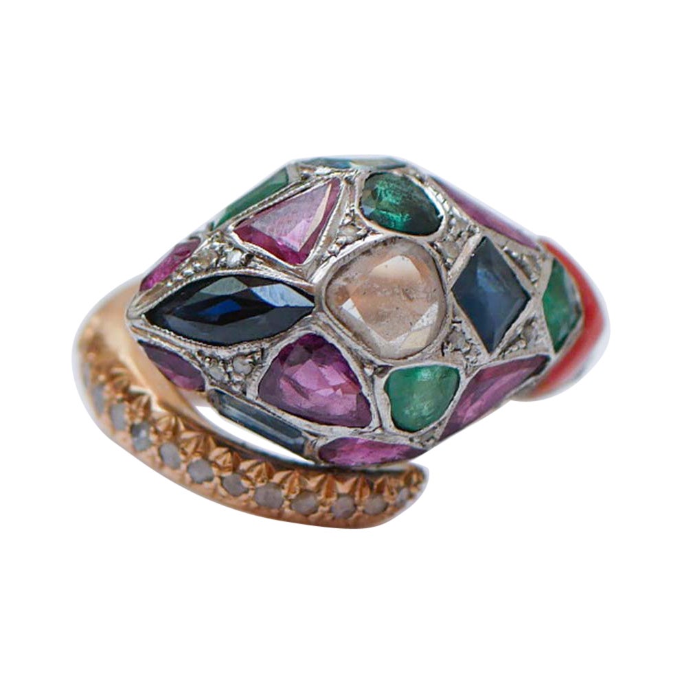 Coral, Emeralds, Sapphires, Diamonds, 14 Karat Rose Gold and Silver Snake Ring. For Sale
