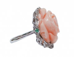 Coral, Emeralds, Sapphires, Diamonds, 14 Karat White Gold and Rose Gold Ring.