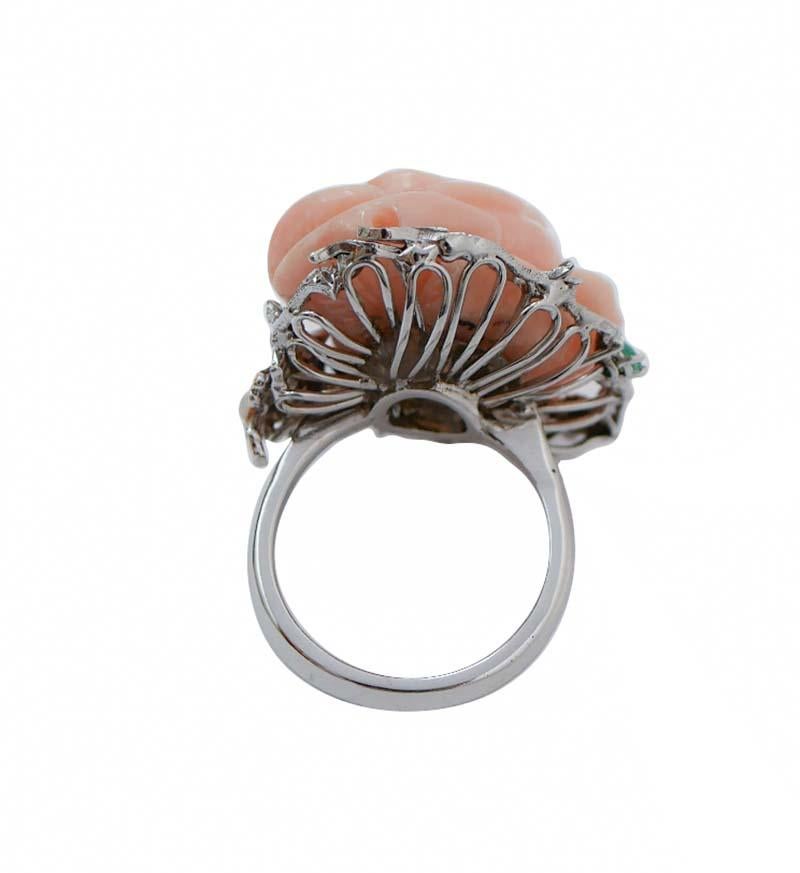 Retro Coral, Emeralds, Sapphires, Diamonds, 14 Karat White Gold and Rose Gold Ring. For Sale
