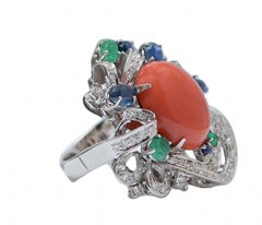 Coral, Emeralds, Sapphires, Diamonds, 14 Karat White Gold Ring.