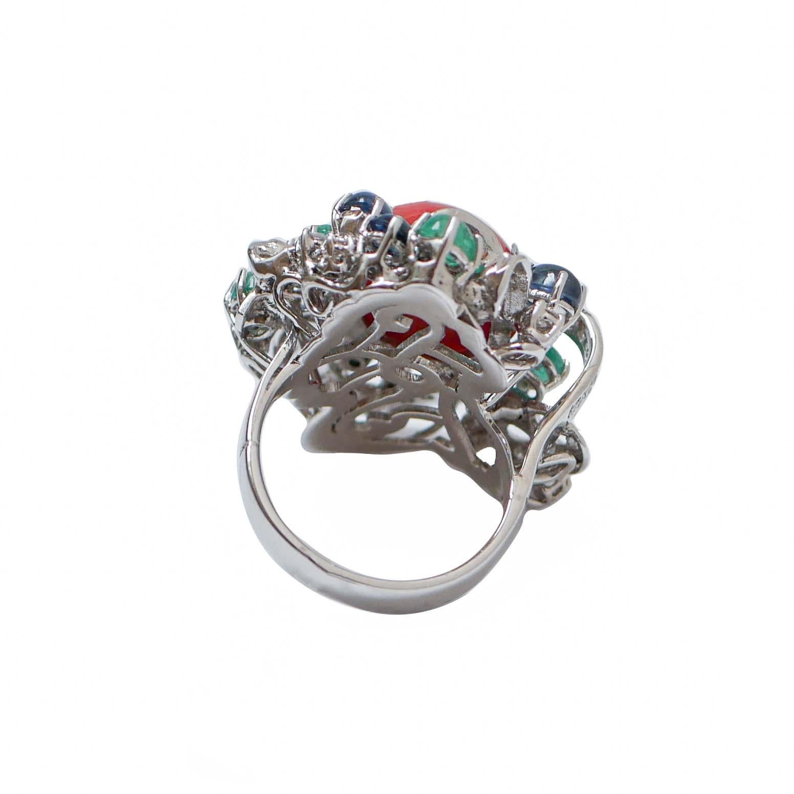 Retro Coral, Emeralds, Sapphires, Diamonds, 14 Karat White Gold Ring. For Sale