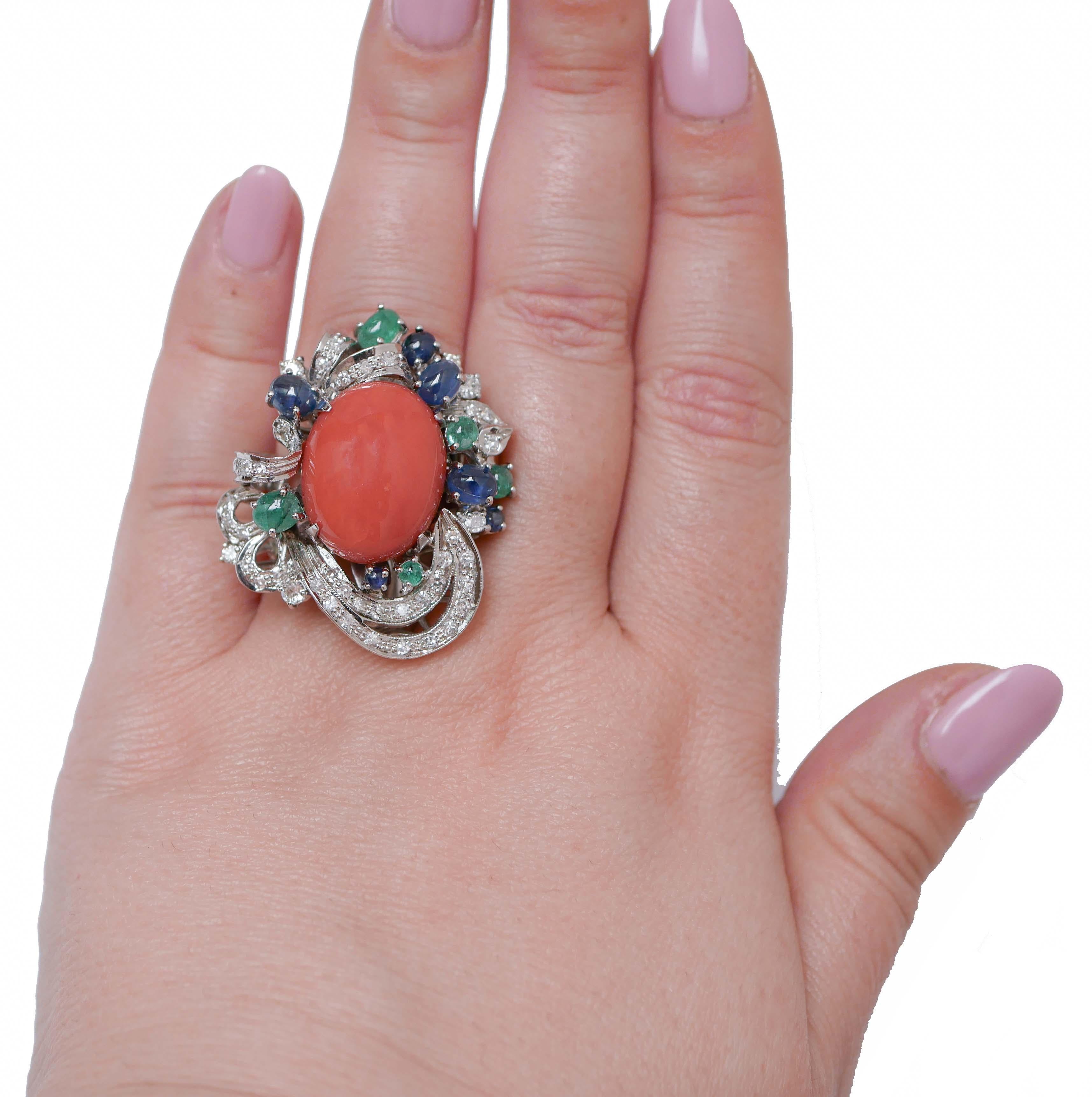 Mixed Cut Coral, Emeralds, Sapphires, Diamonds, 14 Karat White Gold Ring. For Sale