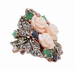 Coral, Emeralds, Sapphires, Diamonds, Rose Gold and Silver Retrò Ring.