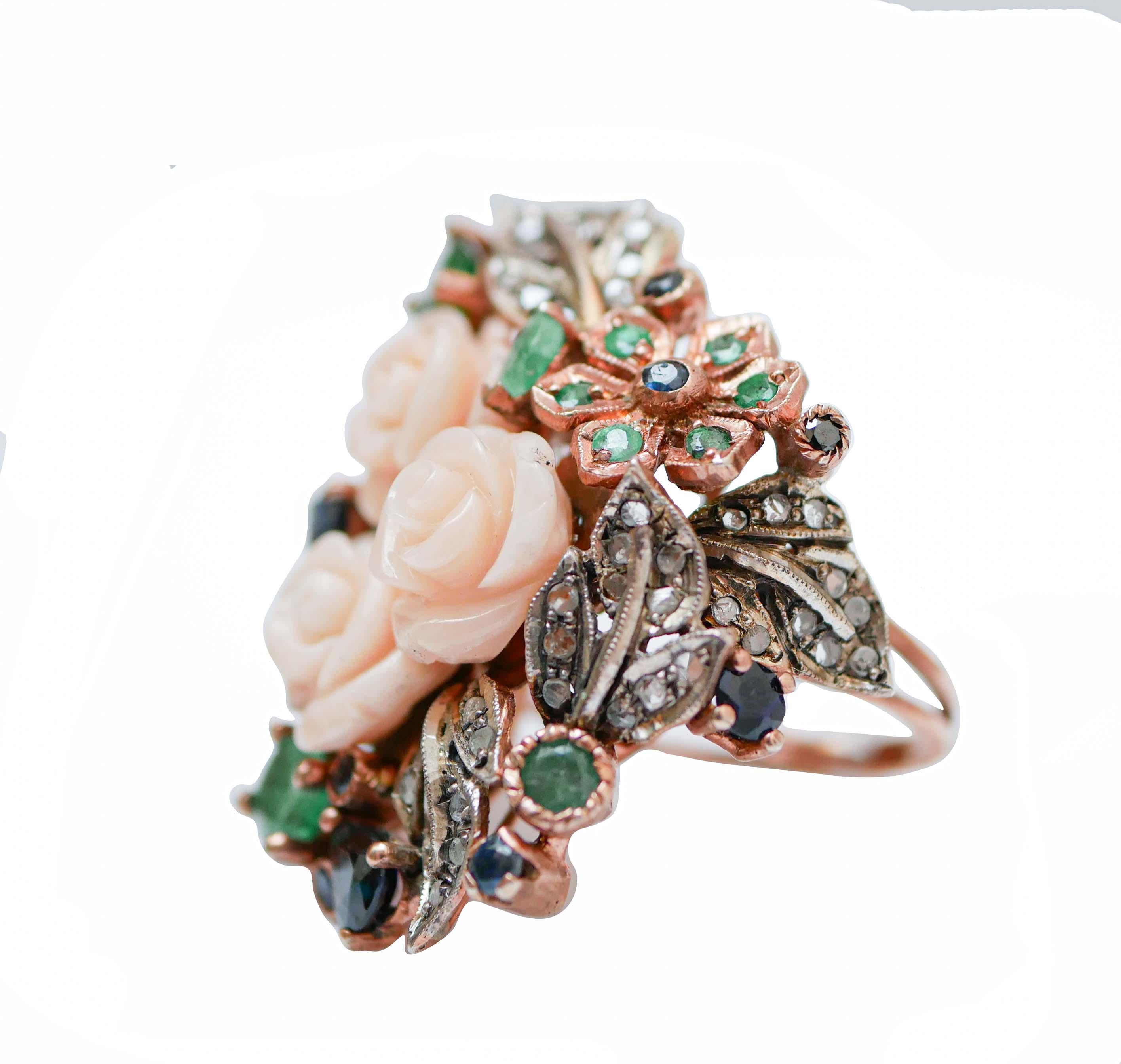Retro Coral, Emeralds, Sapphires, Diamonds, Rose Gold and Silver Retrò Ring. For Sale