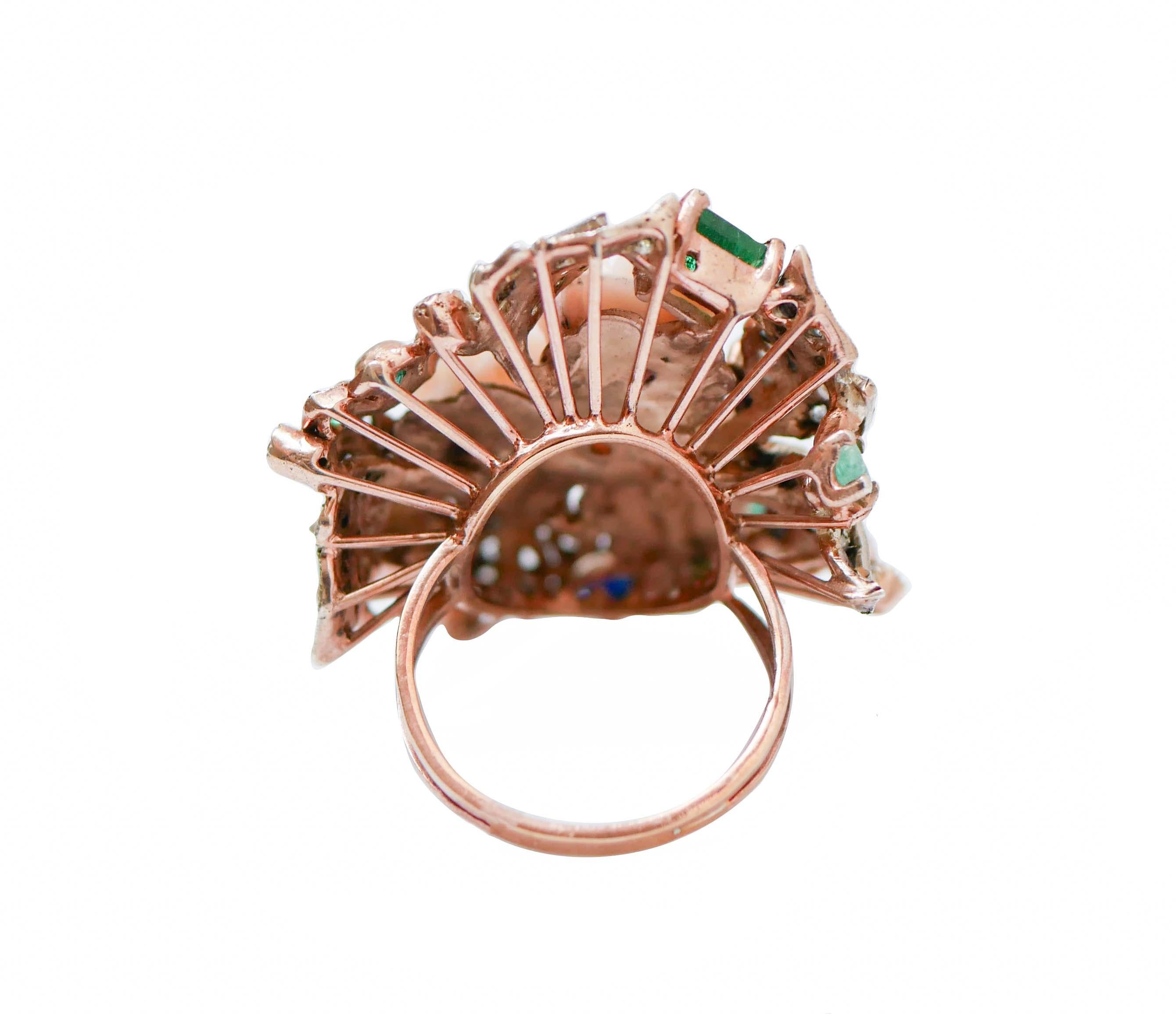 Mixed Cut Coral, Emeralds, Sapphires, Diamonds, Rose Gold and Silver Retrò Ring. For Sale