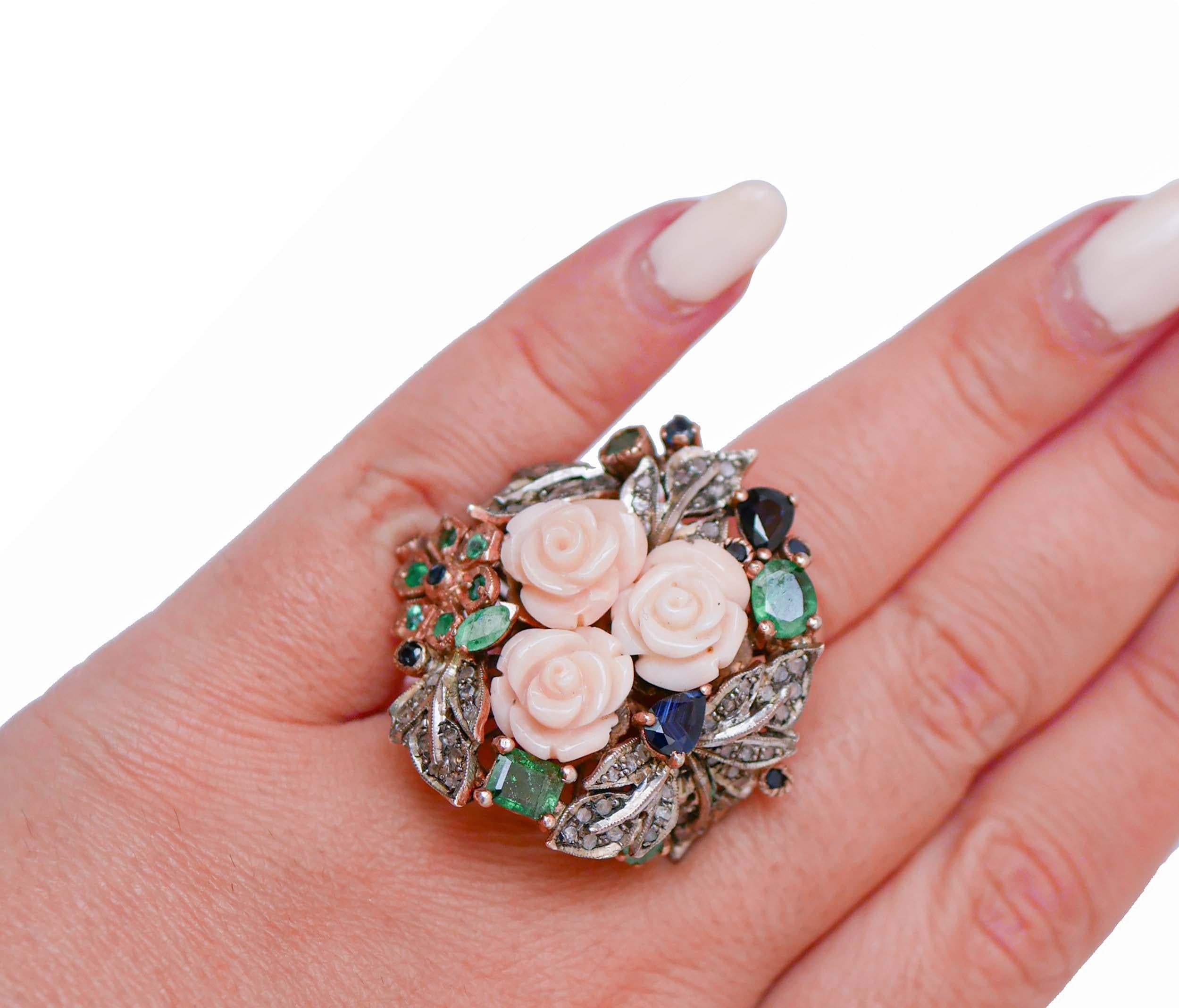 Women's Coral, Emeralds, Sapphires, Diamonds, Rose Gold and Silver Retrò Ring. For Sale