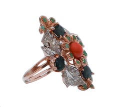 Coral, Emeralds, Sapphires, Diamonds, Rose Gold and Silver Ring.