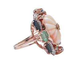 Coral, Emeralds, Sapphires, Diamonds, Rose Gold and Silver Ring.