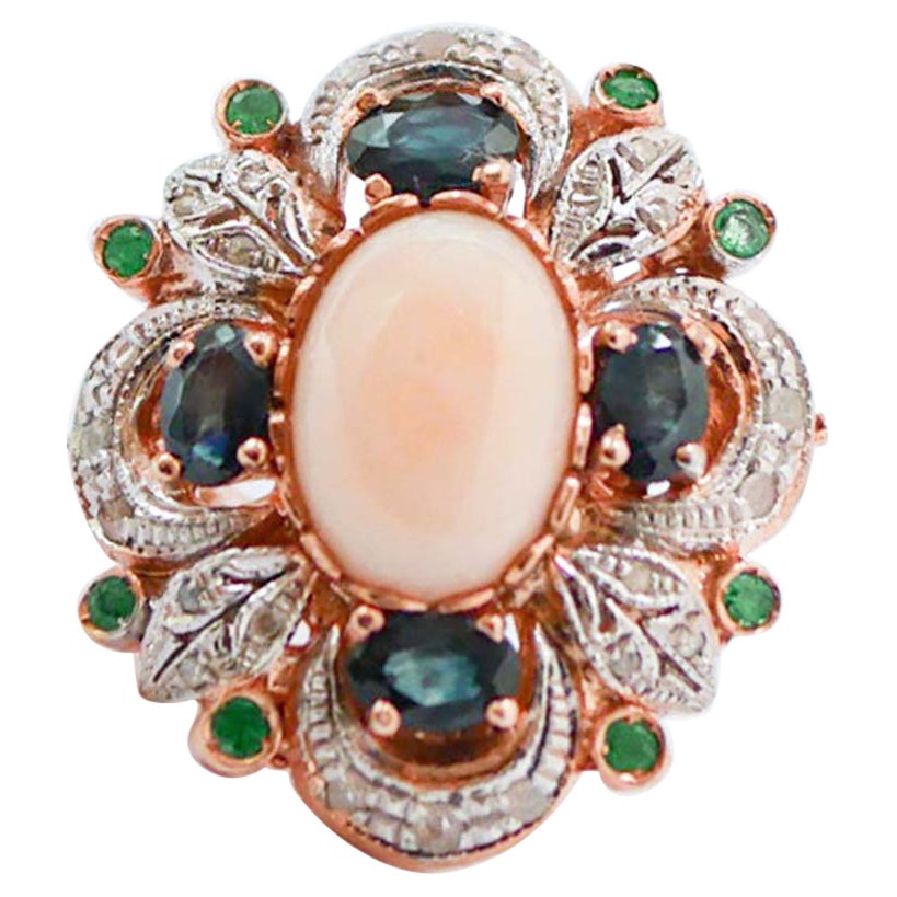 Coral, Emeralds, Sapphires, Diamonds, Rose Gold and Silver Ring. For Sale