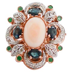 Vintage Coral, Emeralds, Sapphires, Diamonds, Rose Gold and Silver Ring.
