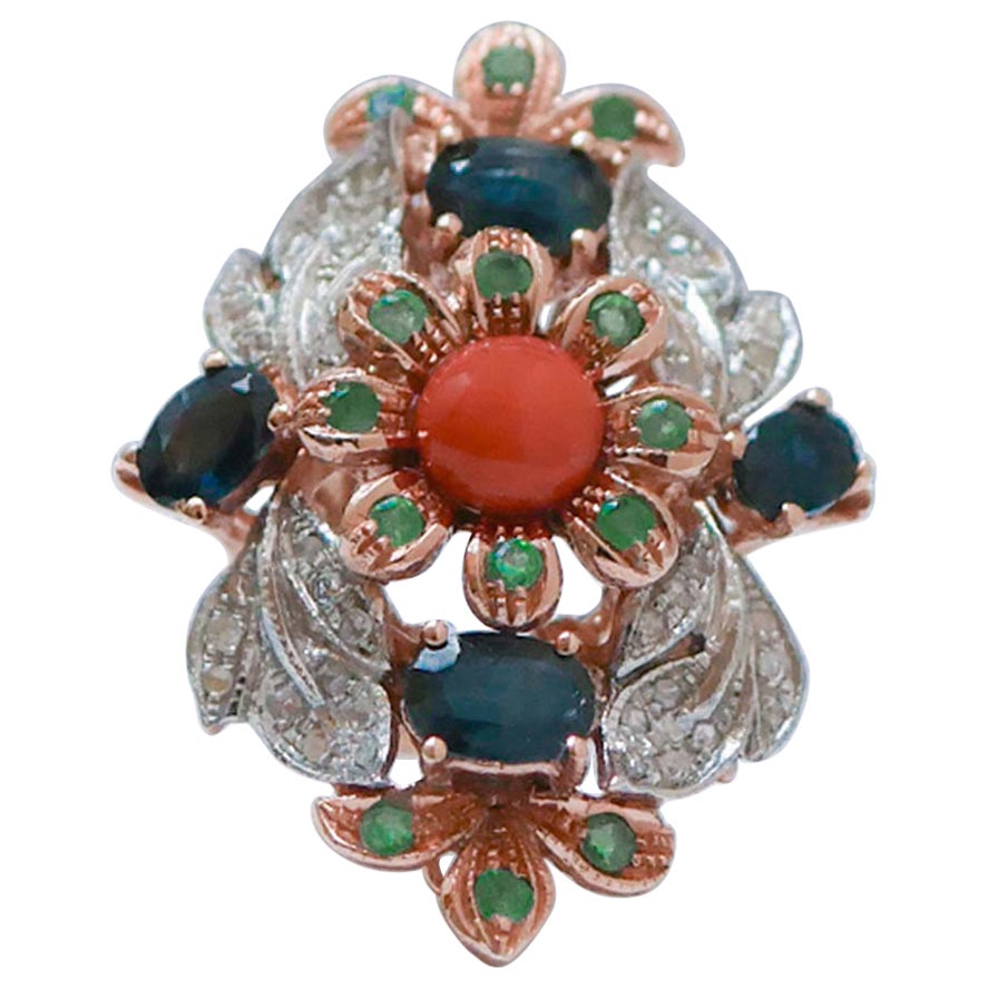 Coral, Emeralds, Sapphires, Diamonds, Rose Gold and Silver Ring.