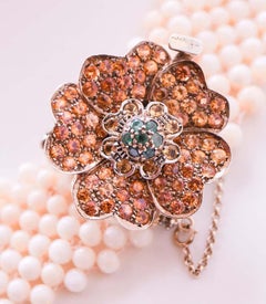 Coral, Emeralds, Sapphires, Rose Gold and Silver Necklace.