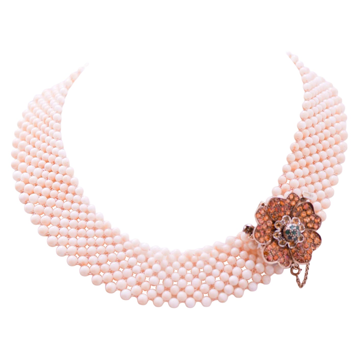 Collar de Coral, Esmeraldas, Zafiros, Oro Rosa y Plata.