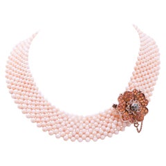 Coral, Emeralds, Sapphires, Rose Gold and Silver Necklace.