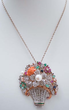 Coral, Emeralds, Sapphires, Rubies, Diamonds, Pearls, Gold and Silver Pendant.